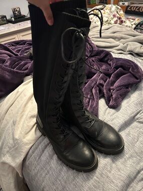 Black Lace-Up Knee-High Combat Boots - Unbranded